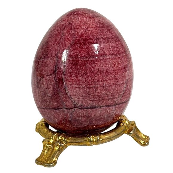 VTG Italian Polished Alabaster Marble Stone Egg Pink Red Italy + Stand Easter - Picture 2 of 7